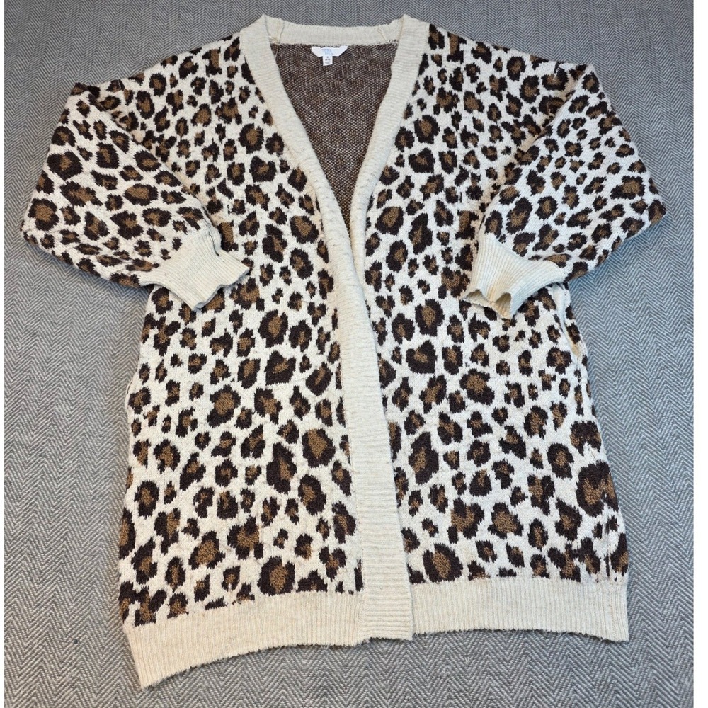 Time and Tru Women Leopard Print Longline Cardigan Sweater Brown Multi Small 4-6